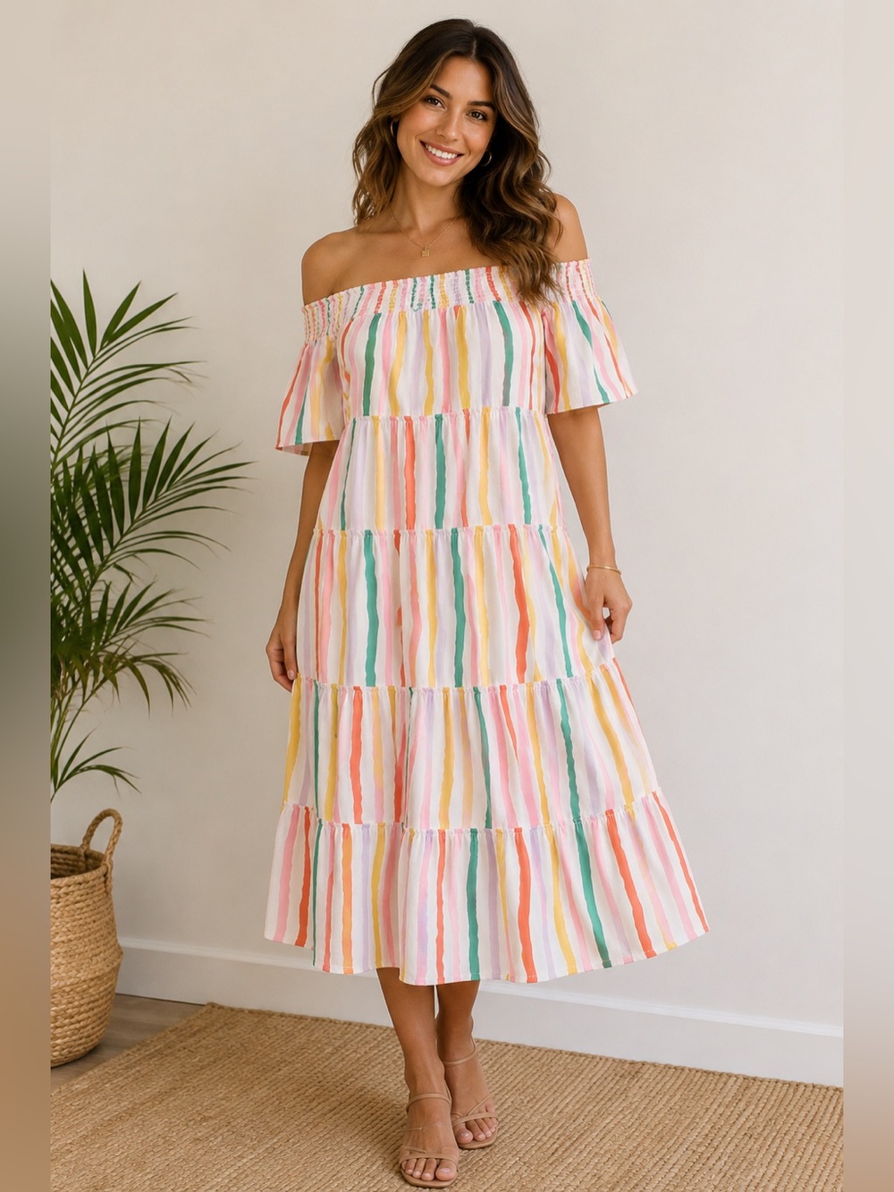 Anthropologie SundayUp Cece Dress Striped Tiered Off Shoulder Maxi Dress